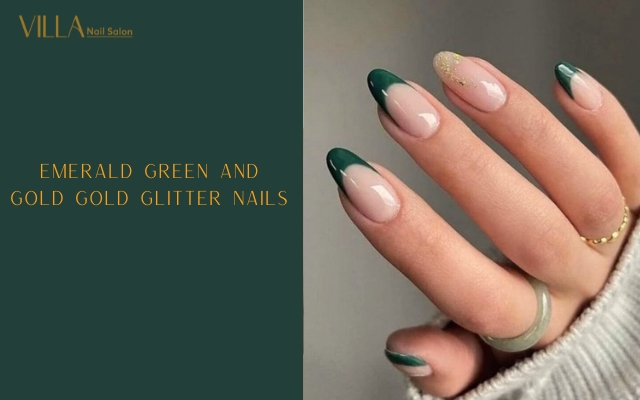 Emerald Green and Gold Gold Glitter Nails