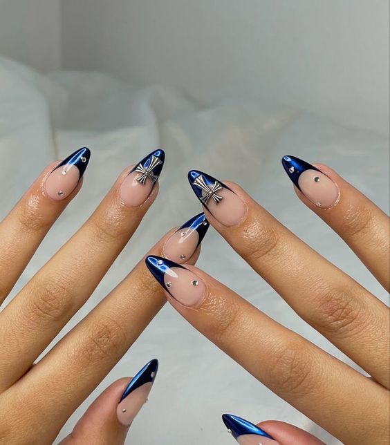 Abstract Blue Nails With Rhinestones