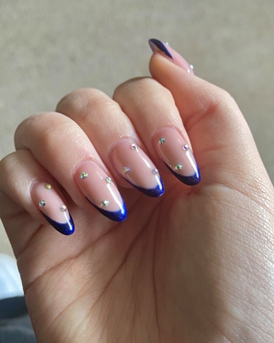Almond Blue Nails With Diamonds