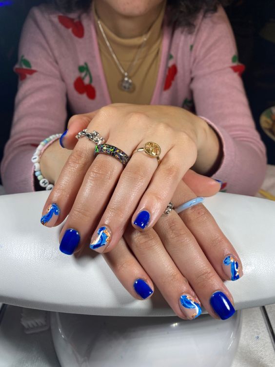 Marble Blue Nails With Gold Leaf