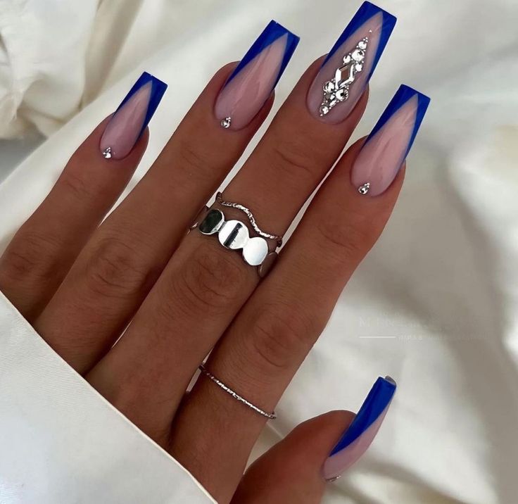Royal Blue Coffin Nails With Glitter Tips