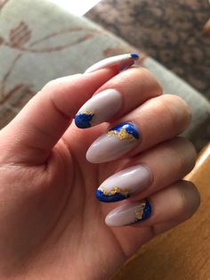 Royal Blue Nails With Gold Leaf